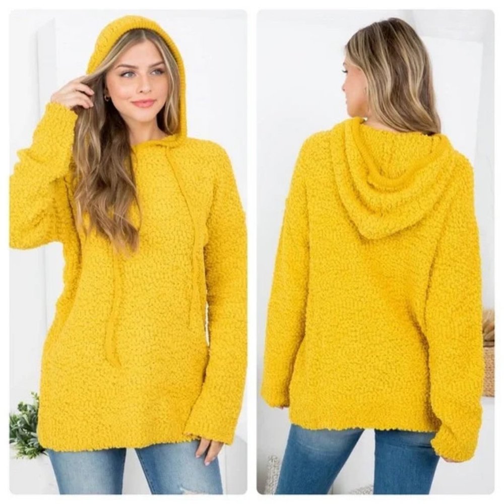 SALE!  NEW bright yellow "popcorn" sweater with adjustable hood and tunic length
